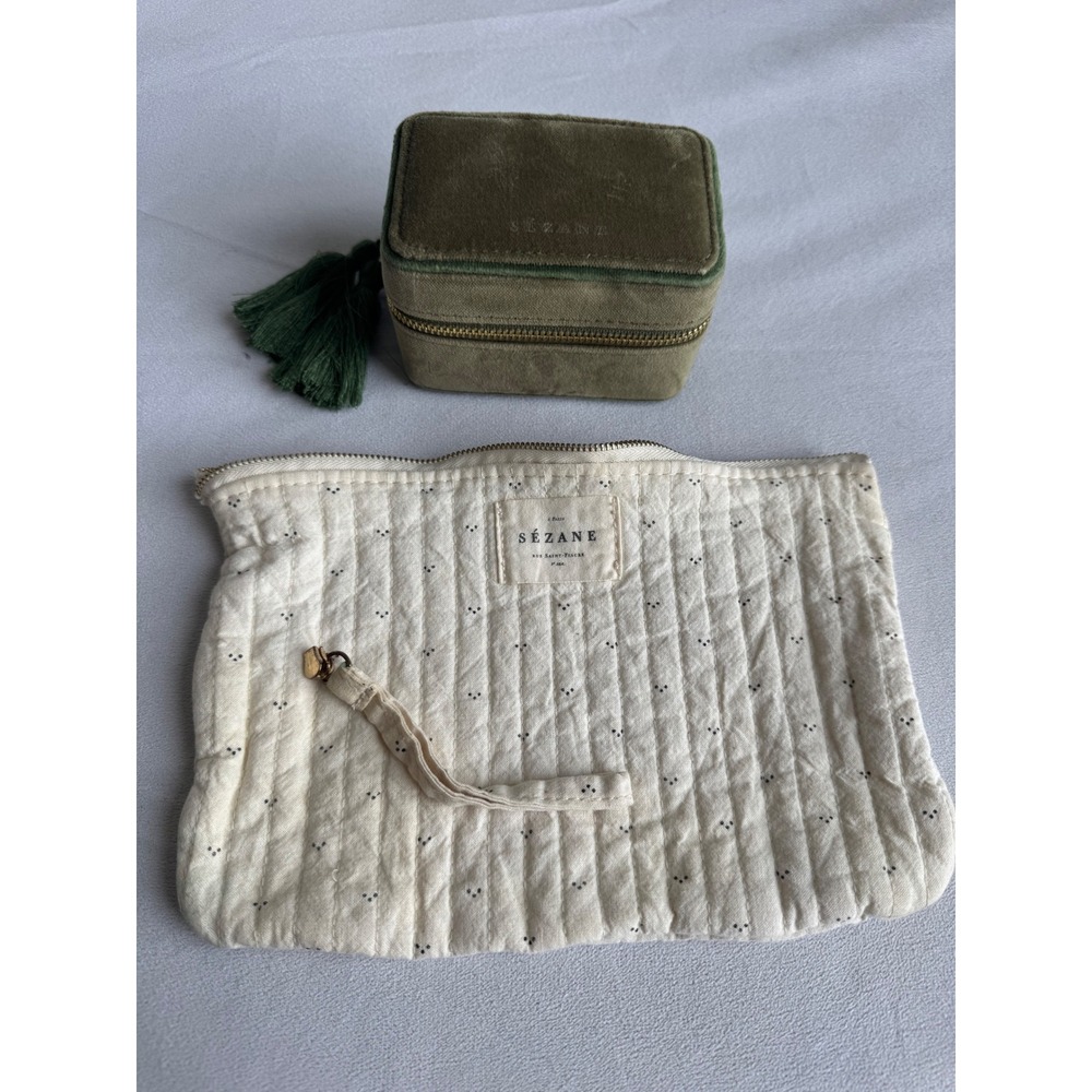 Sezane Quilted Pouch and Olive Velvet Jewelry Box Set Velvet cotton Boho Flaw